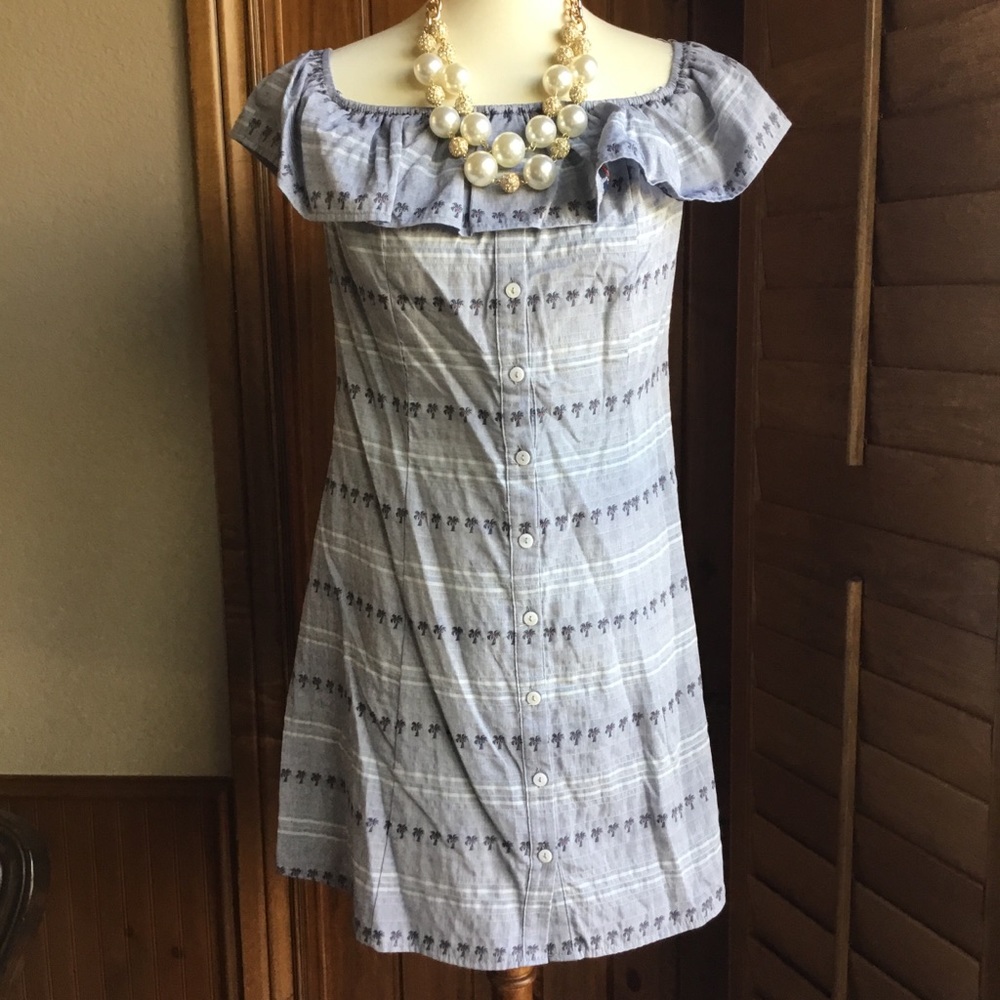 Off shoulder button up dress palm tree print